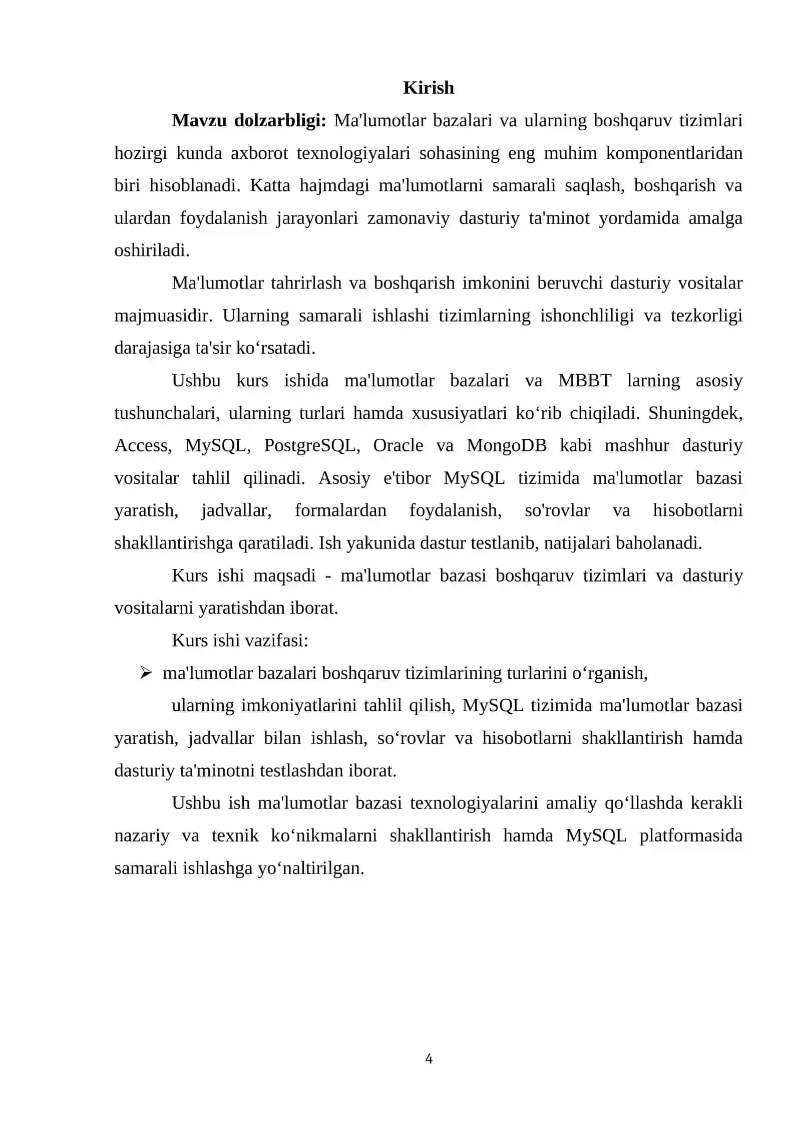 Ma’lumotlar bazasi boshqaruv tizimlari va dasturiy vositalar 4