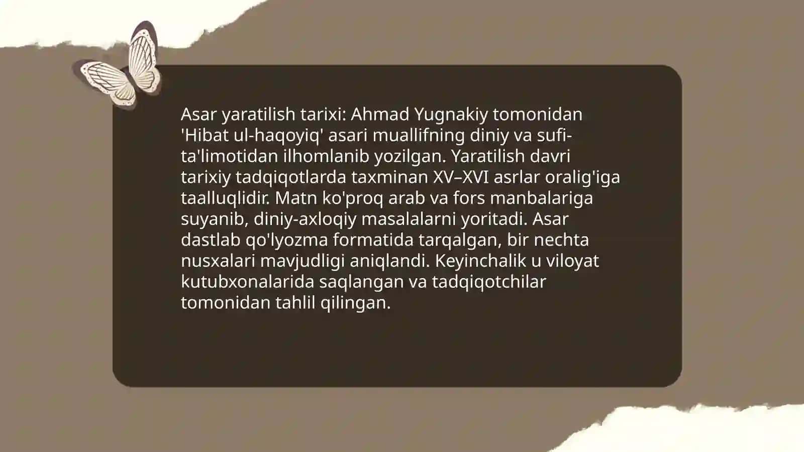 "Hibat ul - haqoyiq" asarining yaratilish tarixi 4