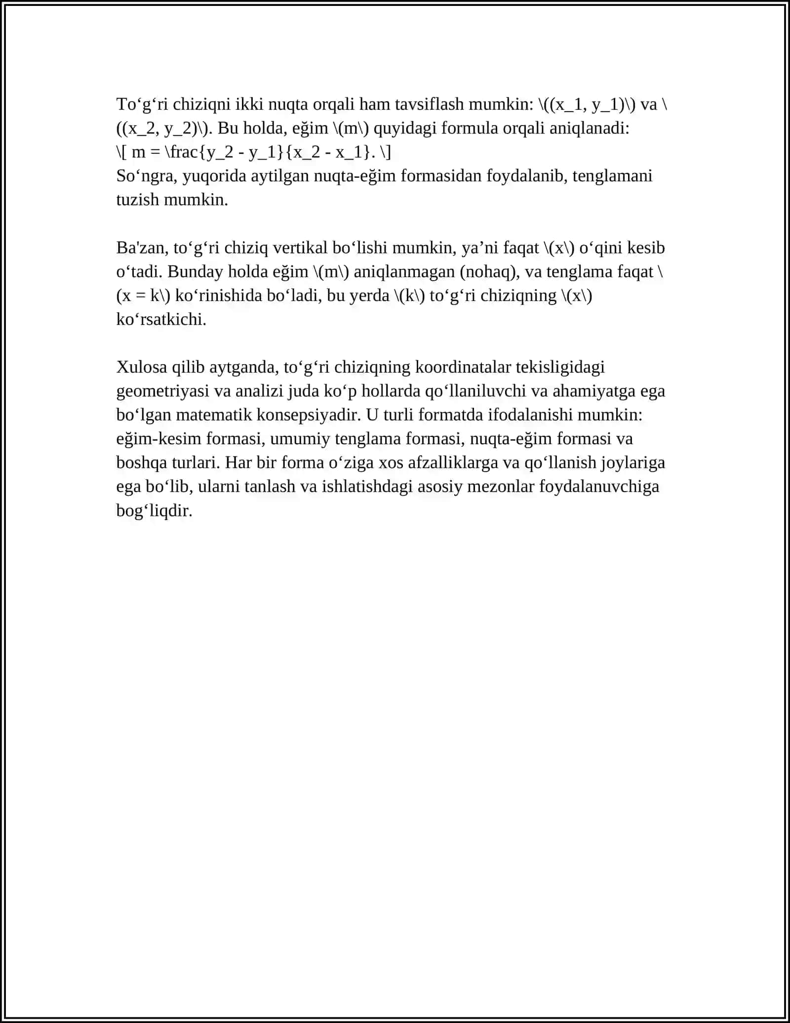 TEKISLIKDA TO‘G‘RI CHIZIQ TENGLAMALARI 4