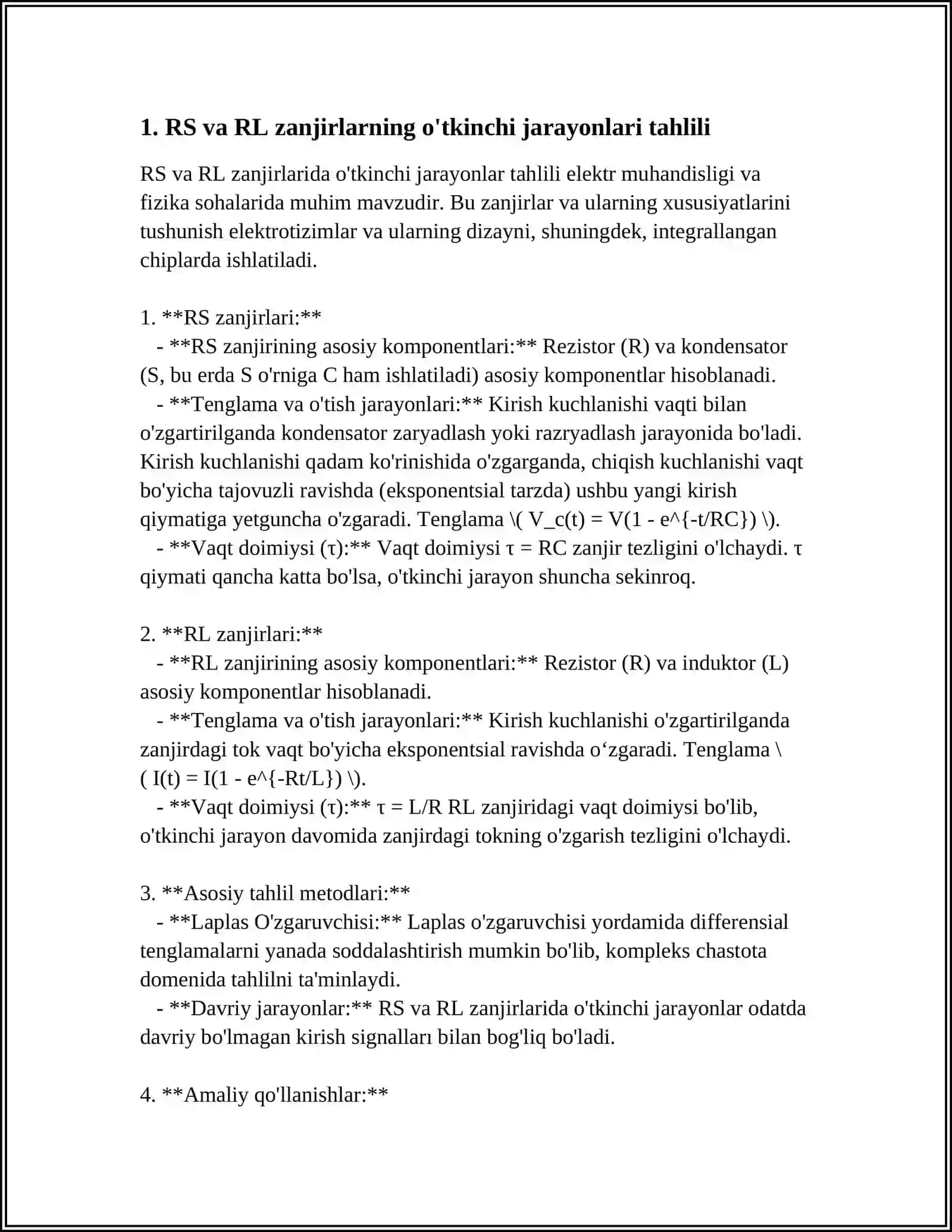 RS va RL zanjirlarda O'tkinchi jarayonlar 4
