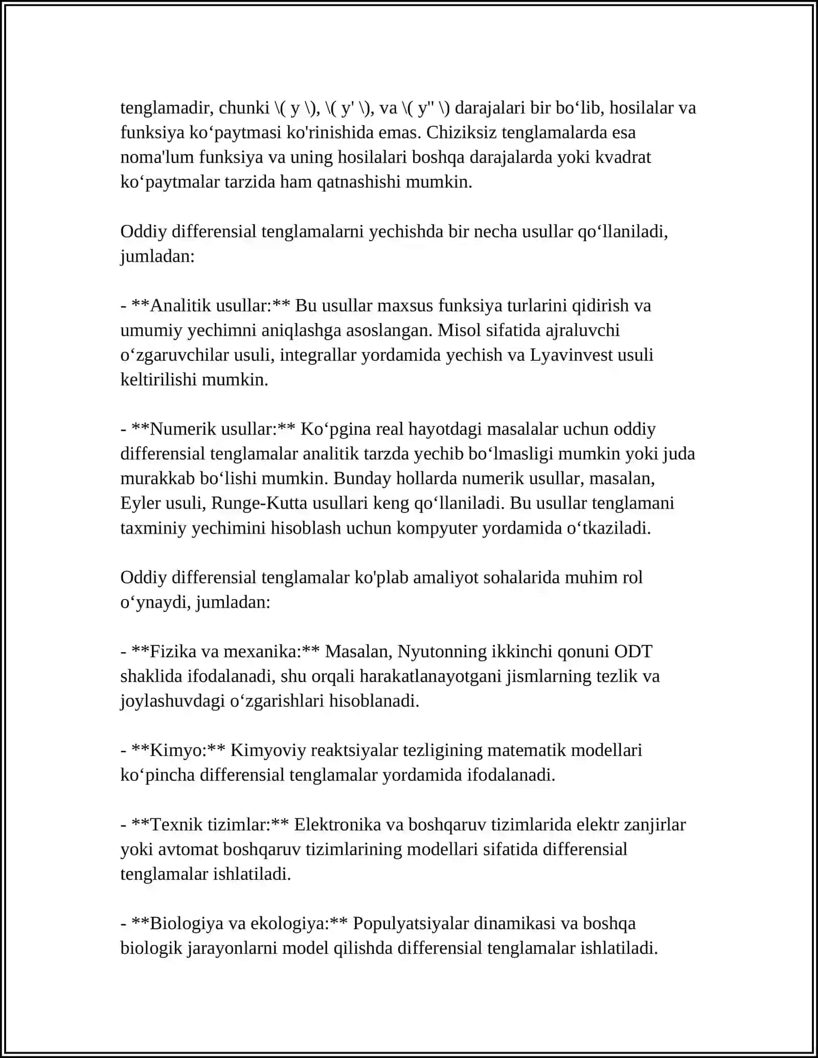 HOSILAGA NISTABATAN YECHILMAGAN SODDA DIFFERENSIAL TENGLAMA 4