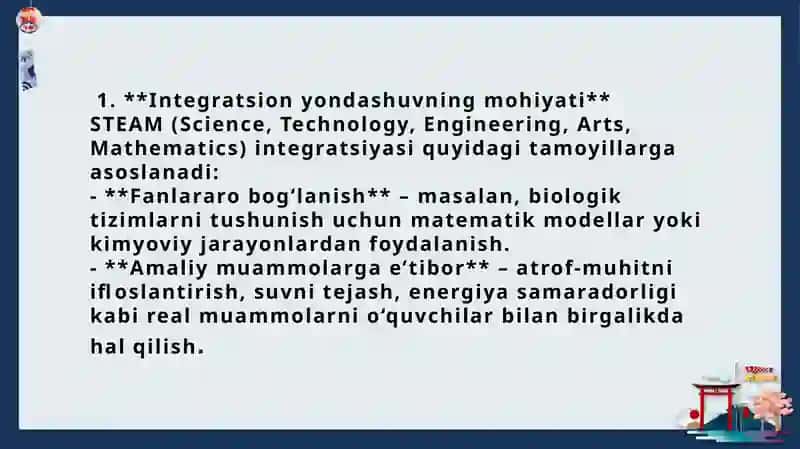STEAM taʼlimida integratsion yondashuv. Oz komponentlangan maktablarda tabiiy fan darslarini loyihalash usullarini qo’llash 4