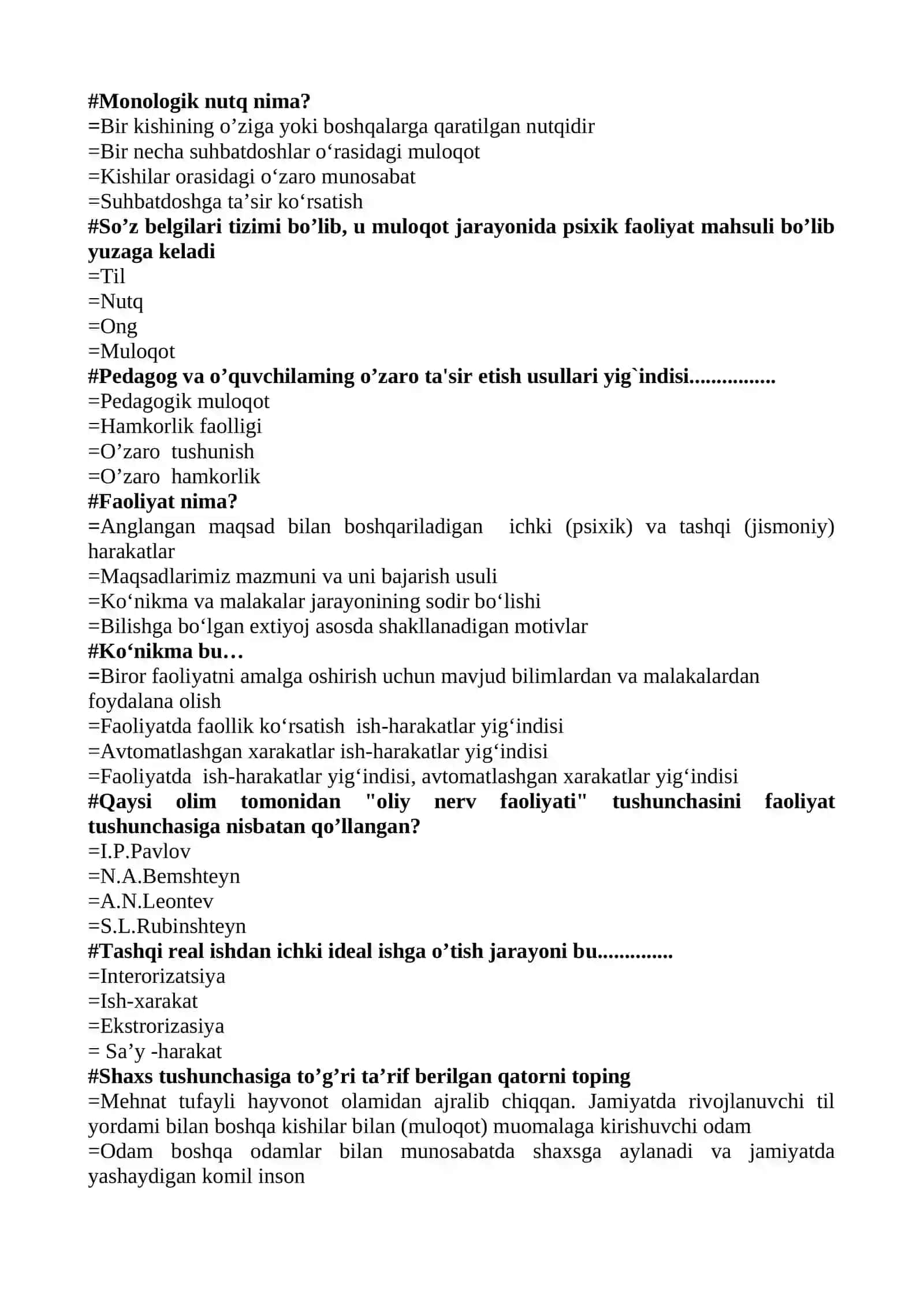 Psixologiya fanidan test. Yakuniy 4