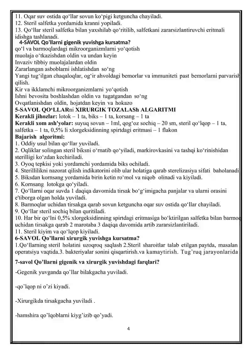 Hamshiralar uchun ish jarayonidagi savol-javoblar to‘plami 4
