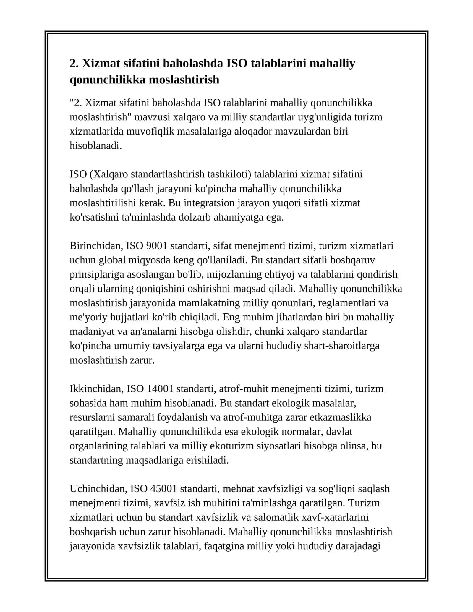 XALQARO VA MILLIY STANDARTLAR UYG'UNLIGI. TURIZM XIZMATLARIDA MUVOFIQLIK MASALALATI 4
