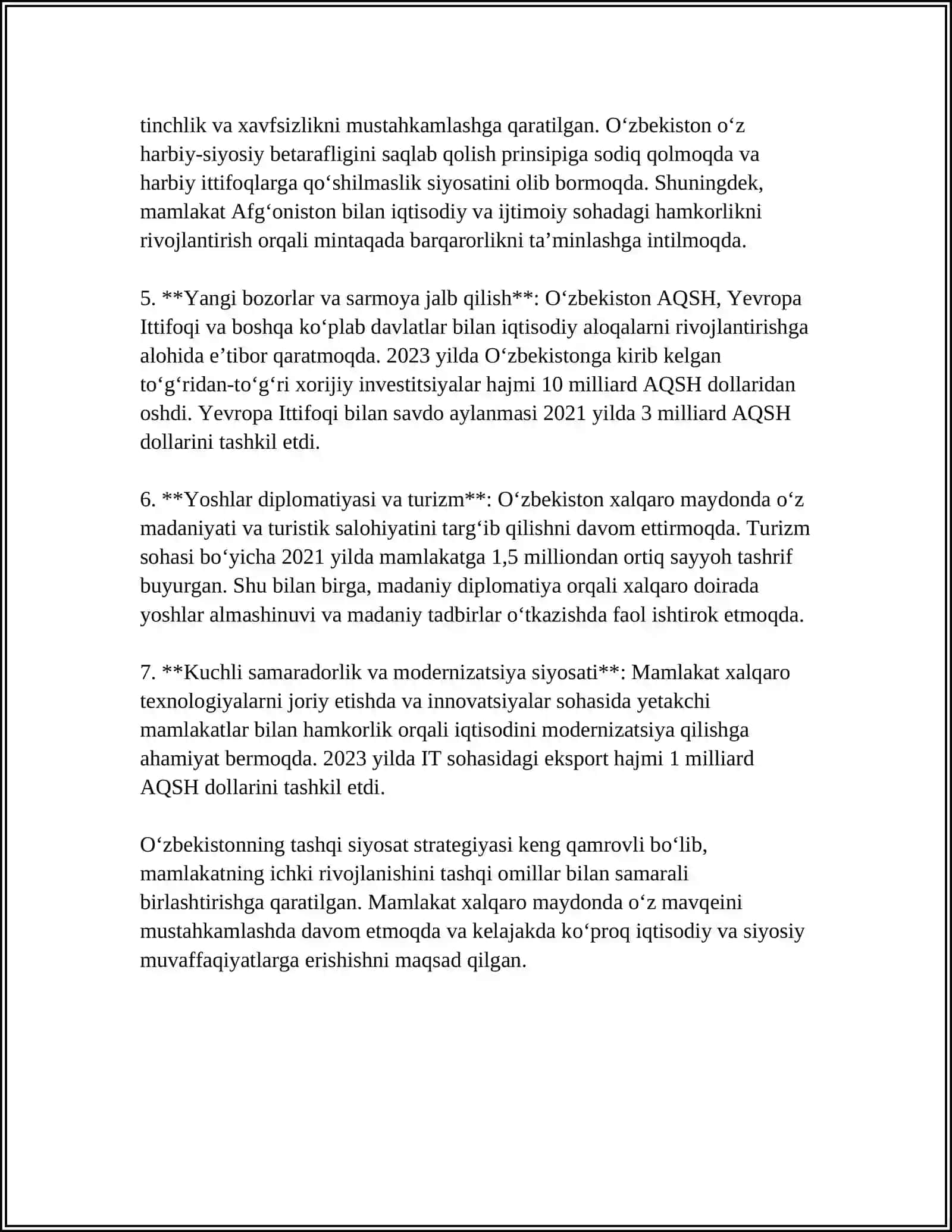 O‘ZBEKISTONNING XALQARO ALOQALARI VA JAHON HAMJAMIYATIDAGI O’RNI 4