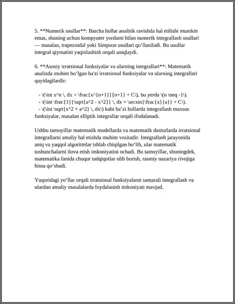 BAʼZI IRRATSIONAL FUNKSIYALARNI INTEGRALLASH 4