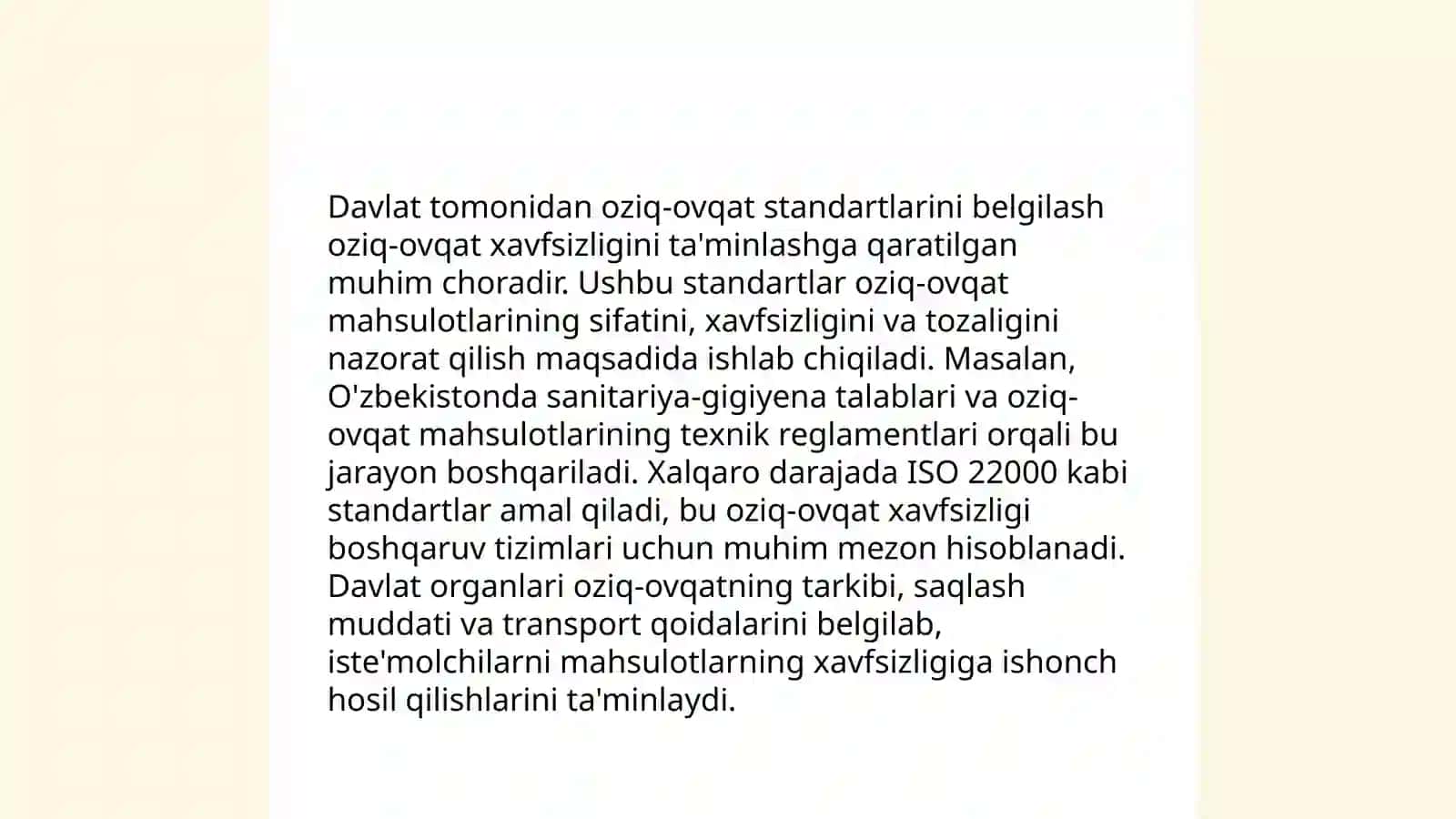 Oziq-ovqat sohasini davlat tomonidan tartibga solish oziq-ovqat xavfsizligini ta’minlash asosi 4