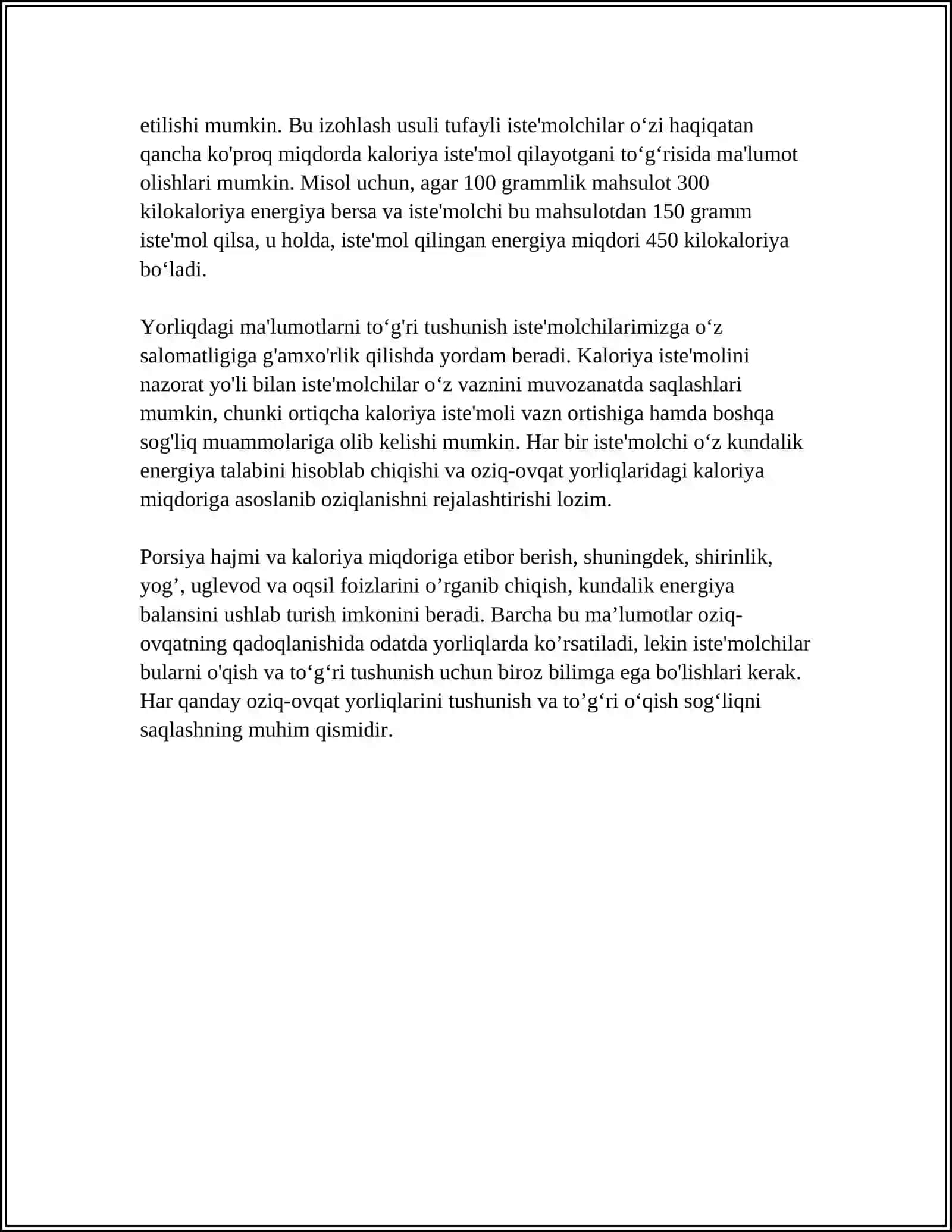 OZIQ OVQAT MAHSULOTLARINING TARKIBI FOYDALI VA ZARARLI XUSUSIYATLARINI YORLIQLARI ORQALI OʻRGANISH 4
