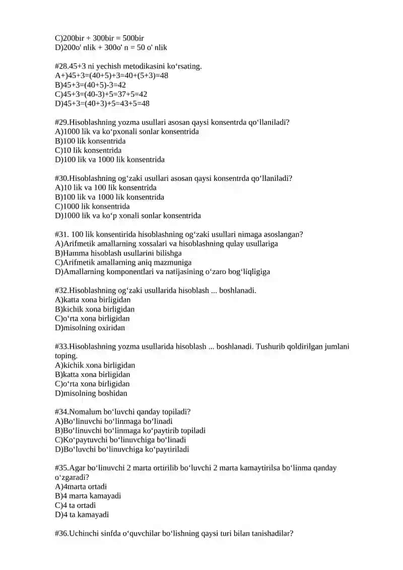 Matematika o‘qitish metodikasi fanidan TEST TOPSHIRIQLARI 4