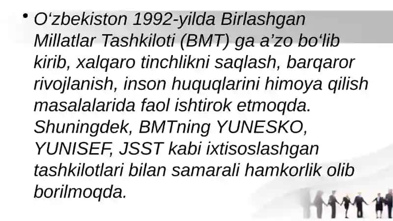 O`ZBEKISTONNING XALQARO TASHKILOTLAR BILAN HAMKORLIK ALOQALARI 4