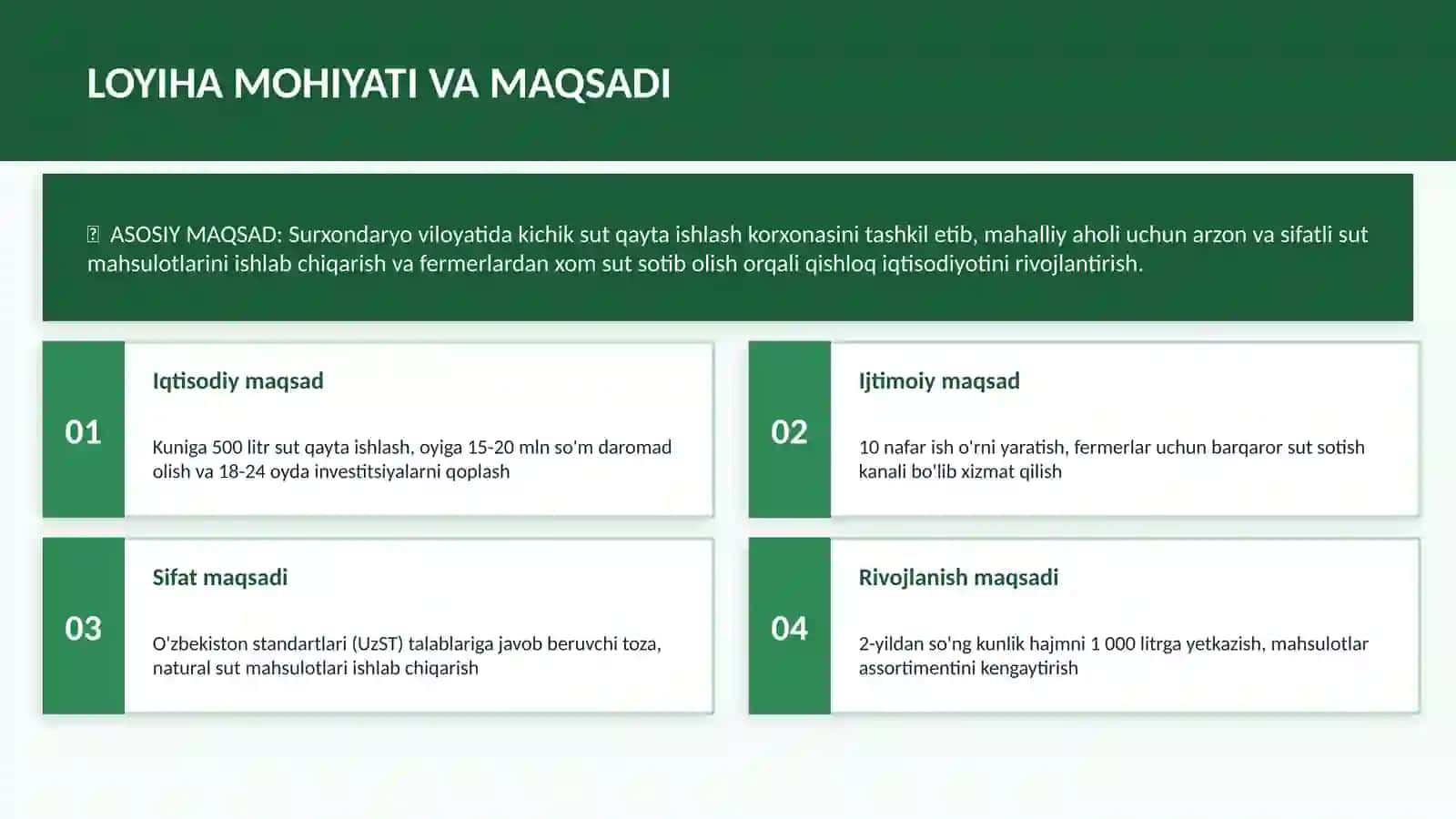 (100 millionlik loyiha ishi)  Sut Mahsulotlarini Qayta Ishlash loyihasi 4
