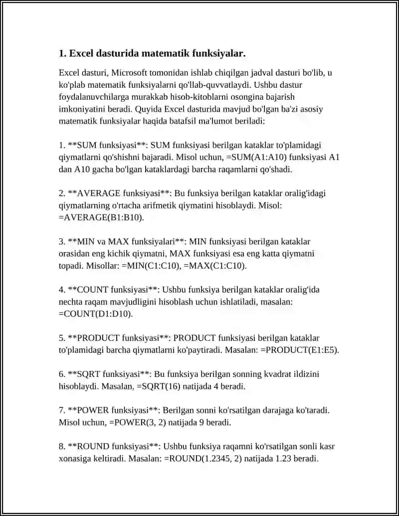 MICROSOFT OFFICE EXCEL DASTURIDA MATEMATIK, STATISTIK, MOLIYAVIY FUNKSIYALAR BILAN ISHLASH 4
