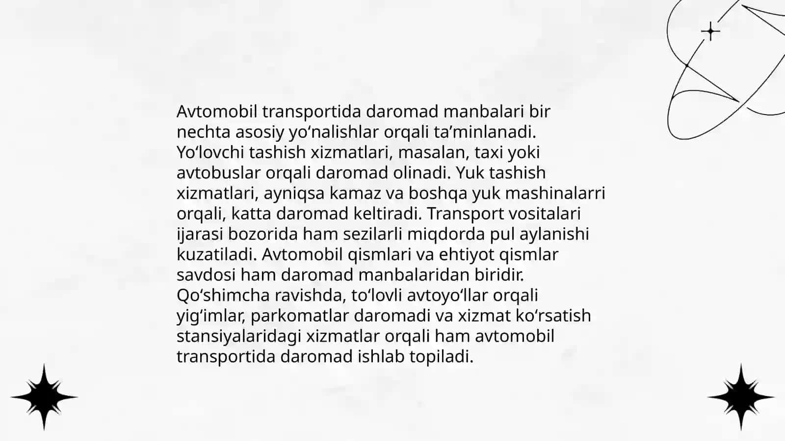 Transport (temir yo‘l, avtomobil) korxonalarida tashishdan daromadlarning tahlili 4