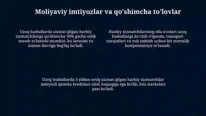 Uzoq joydagi harbiy xizmat uchun imtiyozlar 4