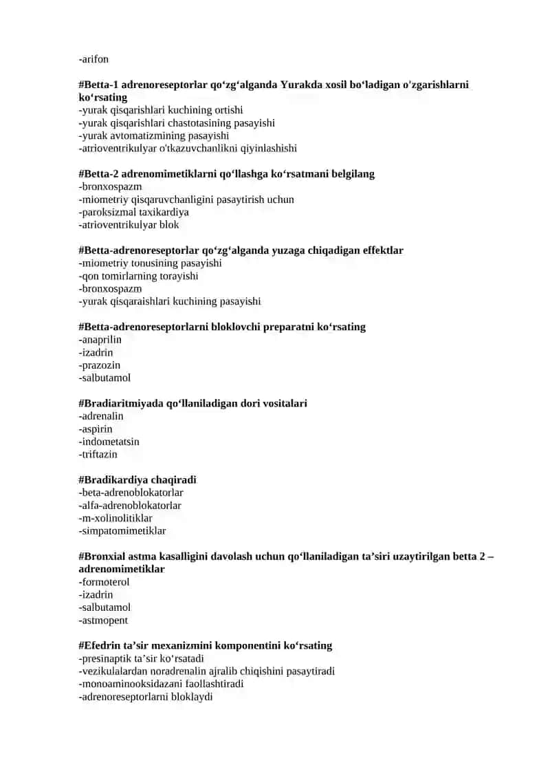 Adrenomimetiklar. Adrenoblokatorlar. test 4