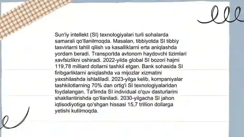 Zamonaviy axborot texnalogiyalari. Suniy intelekt AI. Informatika 4