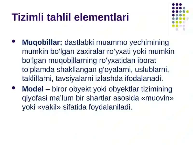 Tizimli tahlil elementlari va usullari 4