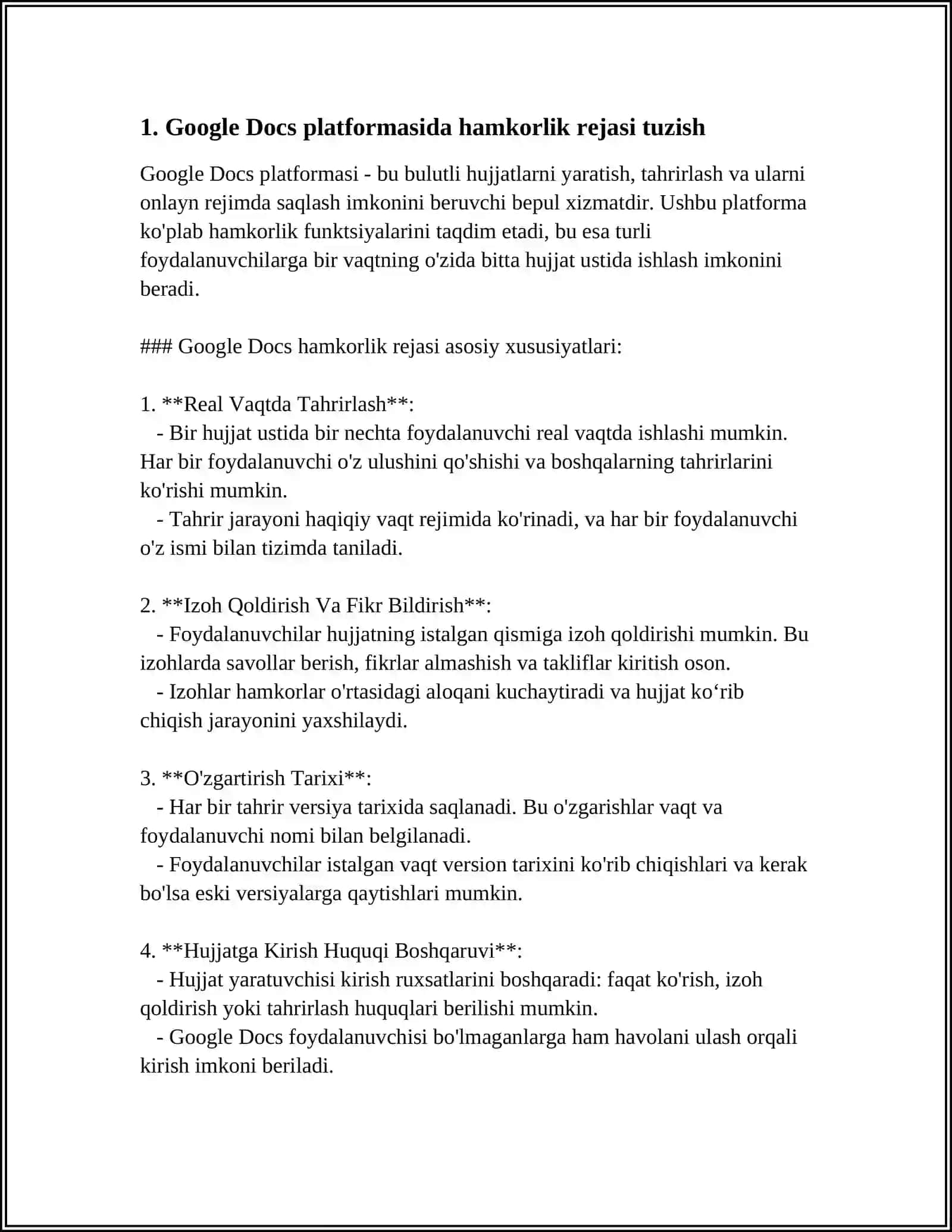 GOOGLE DOCS PLATFORMASIDA "BIR VAQTDA BIR HUJJAT USTIDA BIR NECHA FOYDALANUVCHI BILAN HAMKORLIKDA ISHLASH IMKONIYATI" 4