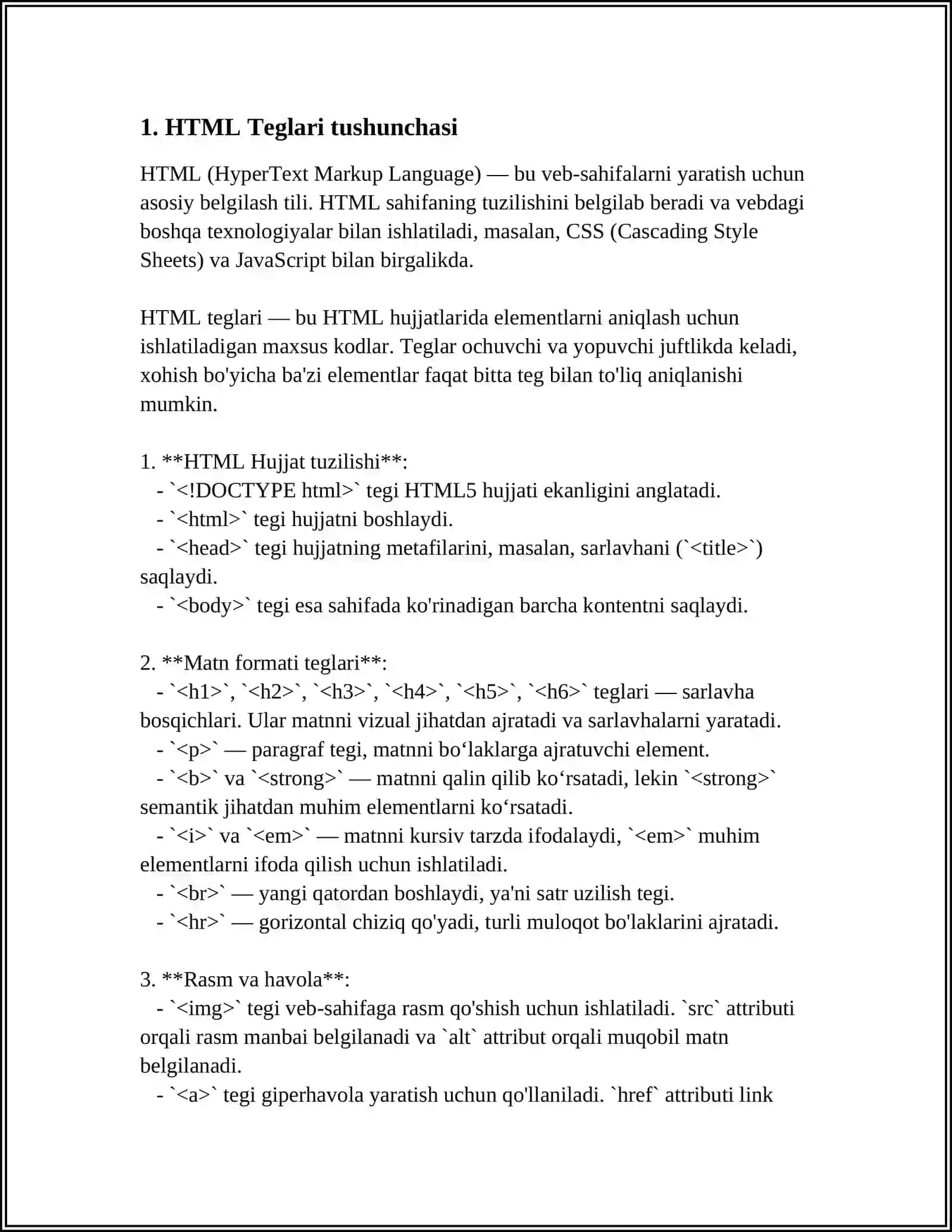 Mavzu: HTML TEGLAR,HTML JADVALLARI,HTML ROHATLARI NIMA 4