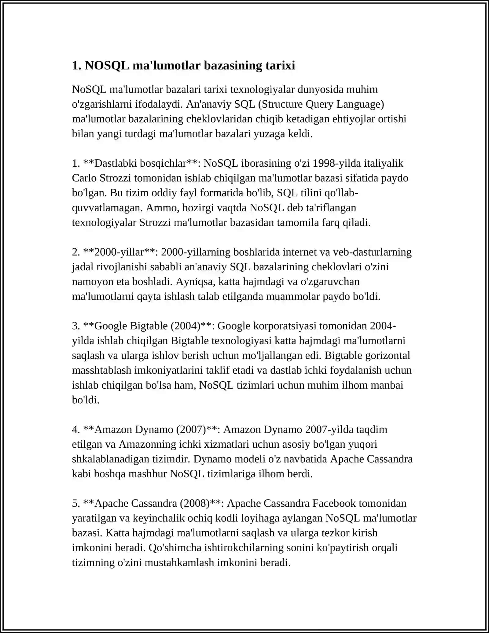 NOSQL MAʼLUMOTLAR BAZASI (ESSE) 4