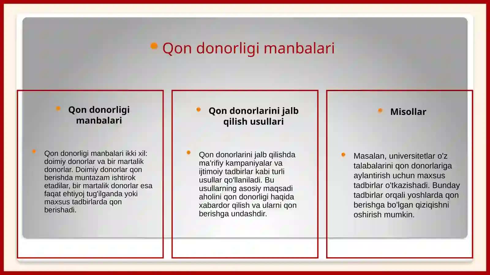 Donor qon manbalari. Qon komponentlari va preparatlari 4