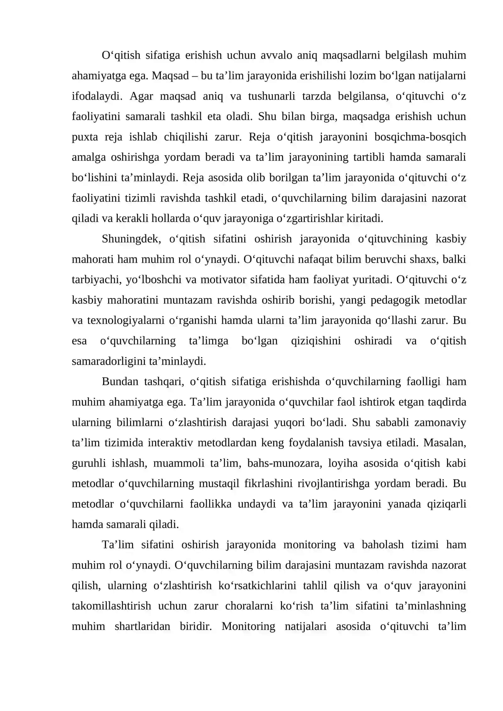 Oʻqitish sifatiga erishish boʻyicha harakatlar maqsadi va rejasini aniqlash 4