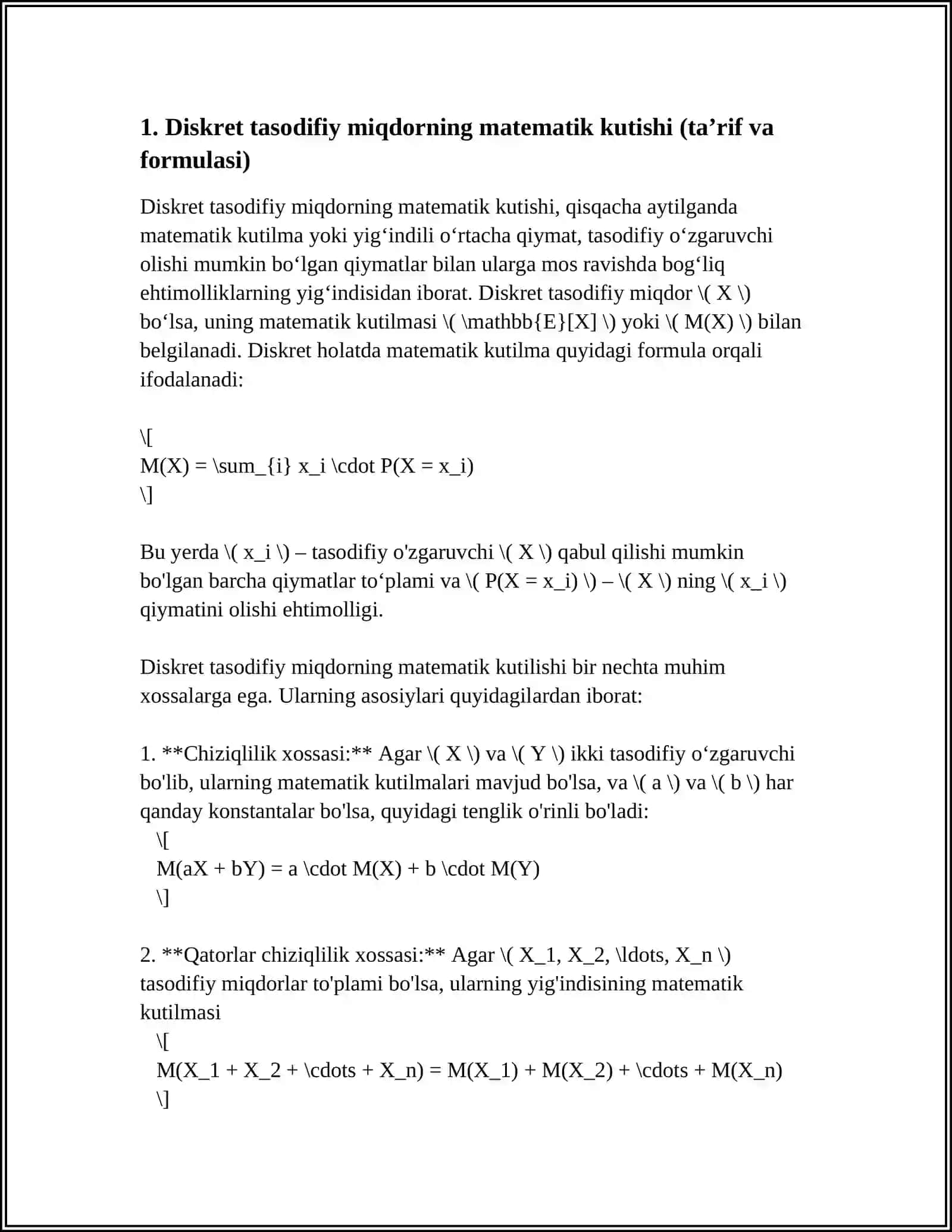 DISKRET TASODIFIY MIQDORNING MATEMATIK KUTILMASI 4