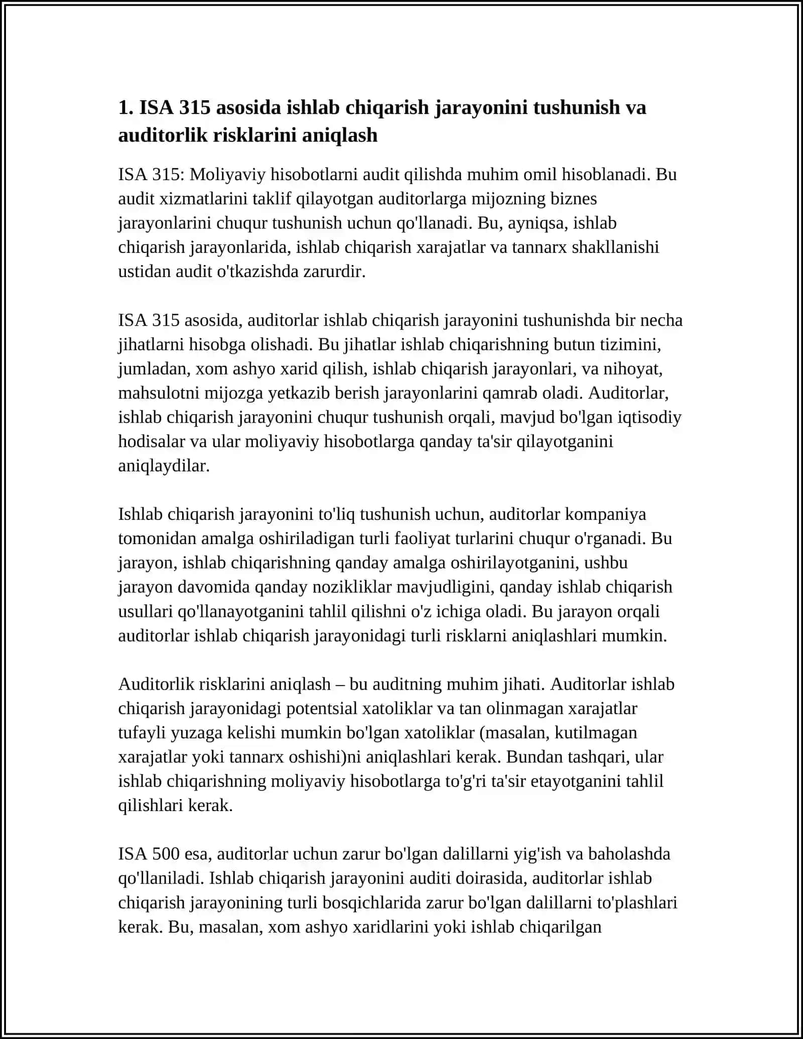 ISHLAB CHIQARISH JARAYONI AUDITI: ISHLAB CHIQARISH XARAJATLARI VA TANNARX SHAKLLANISHI USTIDAN XALQARO YONDASHUVLAR 4