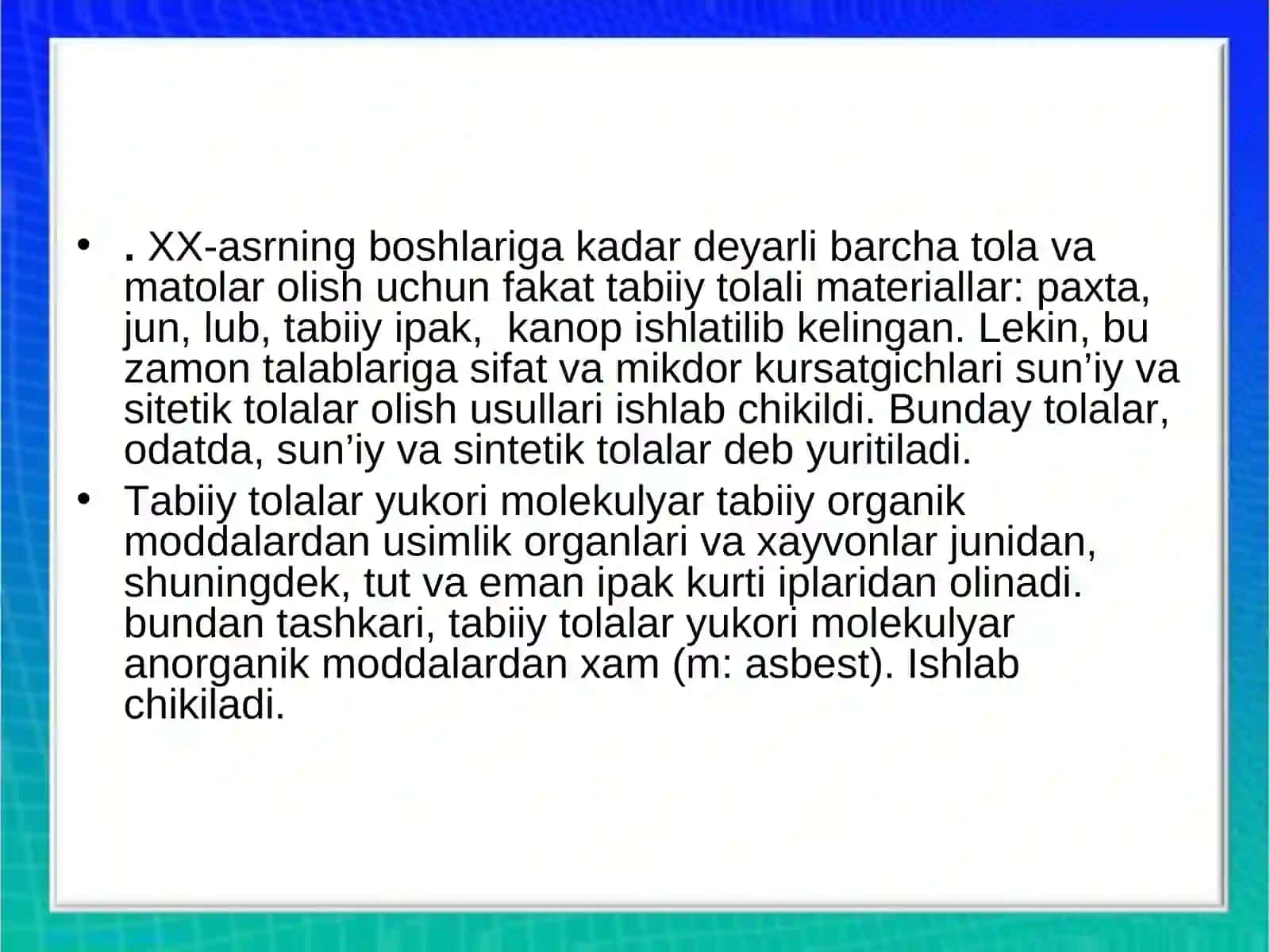 Sun’iy sintetik tolalar va iplar 4
