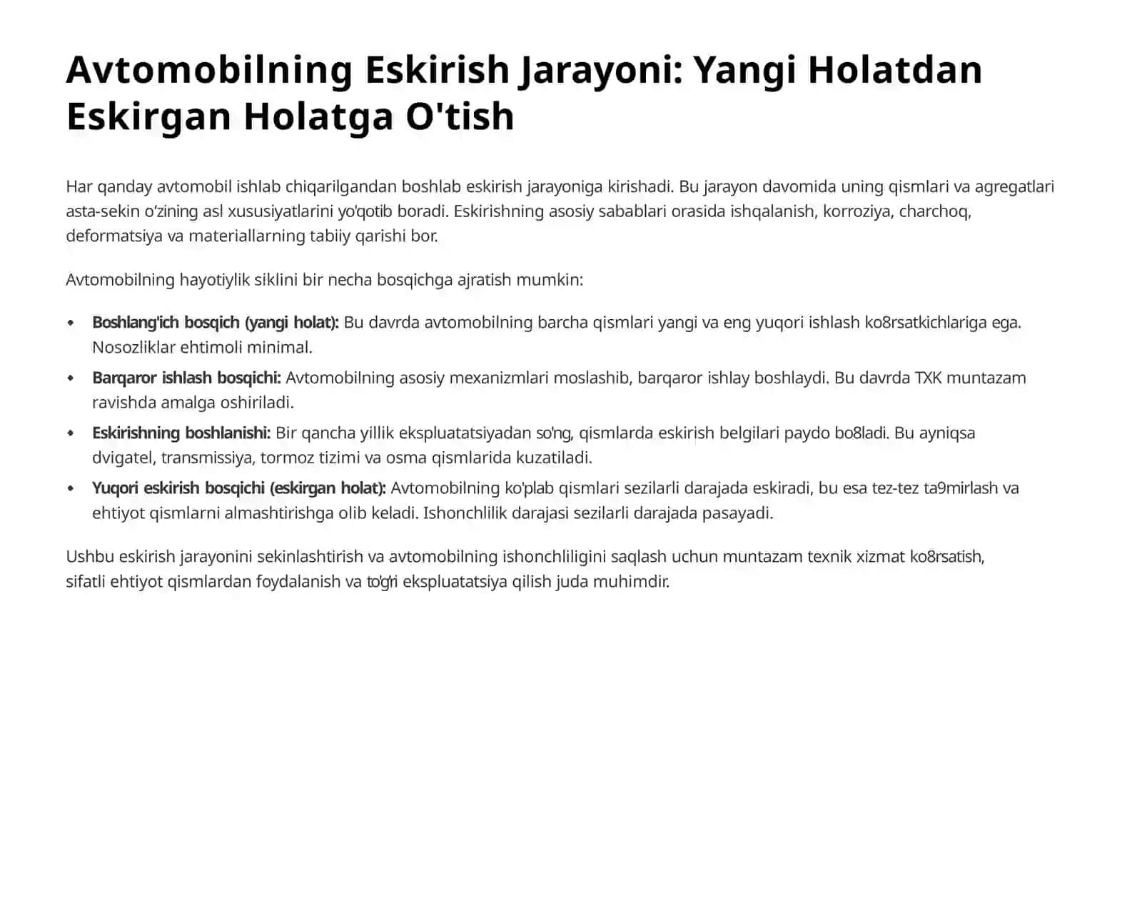 Avtomobilning Texnik Holati va Ishlash Davri 4