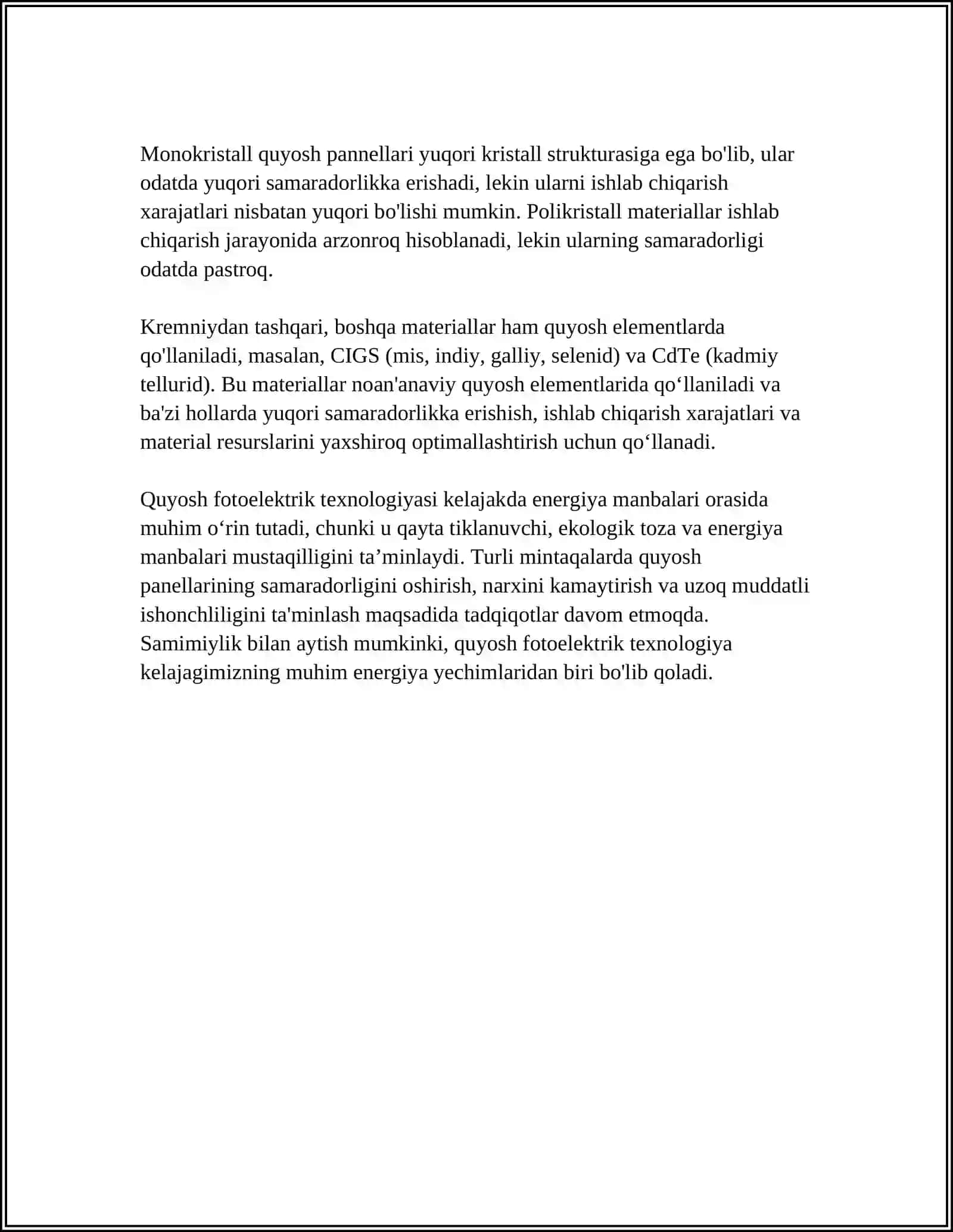 QUYOSH FOTOELEKTRIK ELEMENTLARI VA MODULLARI 4