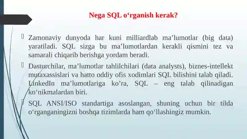 SQL - TARTIBLANGAN SO‘ROVLAR TILI ASOSLARI 4