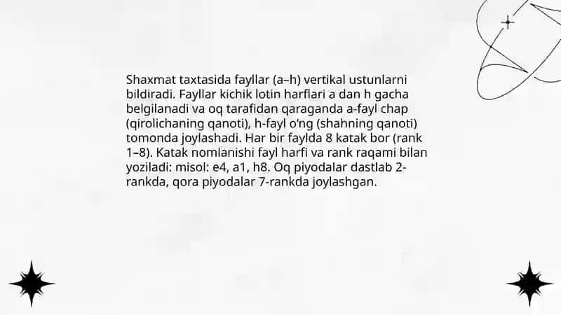 Shaxmat taxtasida kataklarning nomlanishi 4