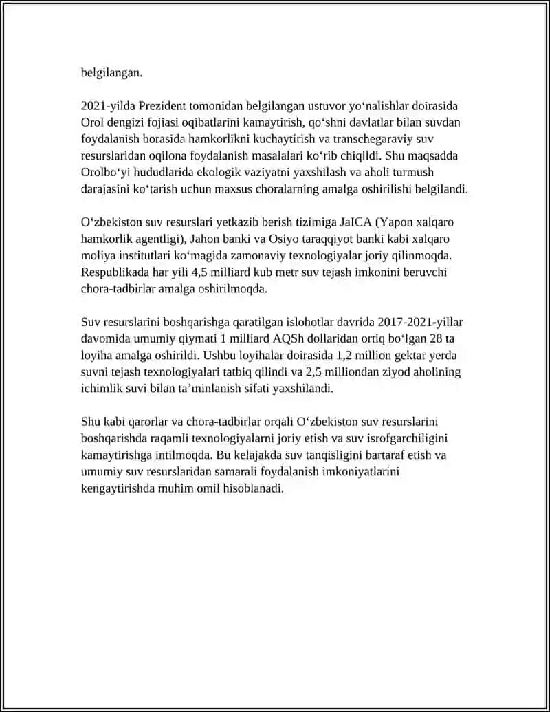 SUV RESURSLARIDAN FOYDALANISH TOʻLRISIDA PREZIDENT QARORLARI 4
