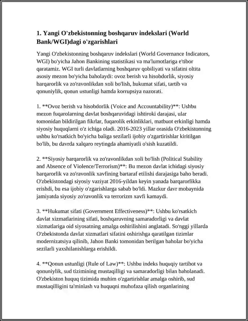 YANGI O'ZBEKISTON IJTIMOIY, SIYOSIY, IQTISODIY VA MADANIY HAYOTIDA RO'Y BERAYOTGAN O'ZGARISHLARINING XALQARO REYTING VA INDEKSLARDA AKS ETISHI 4