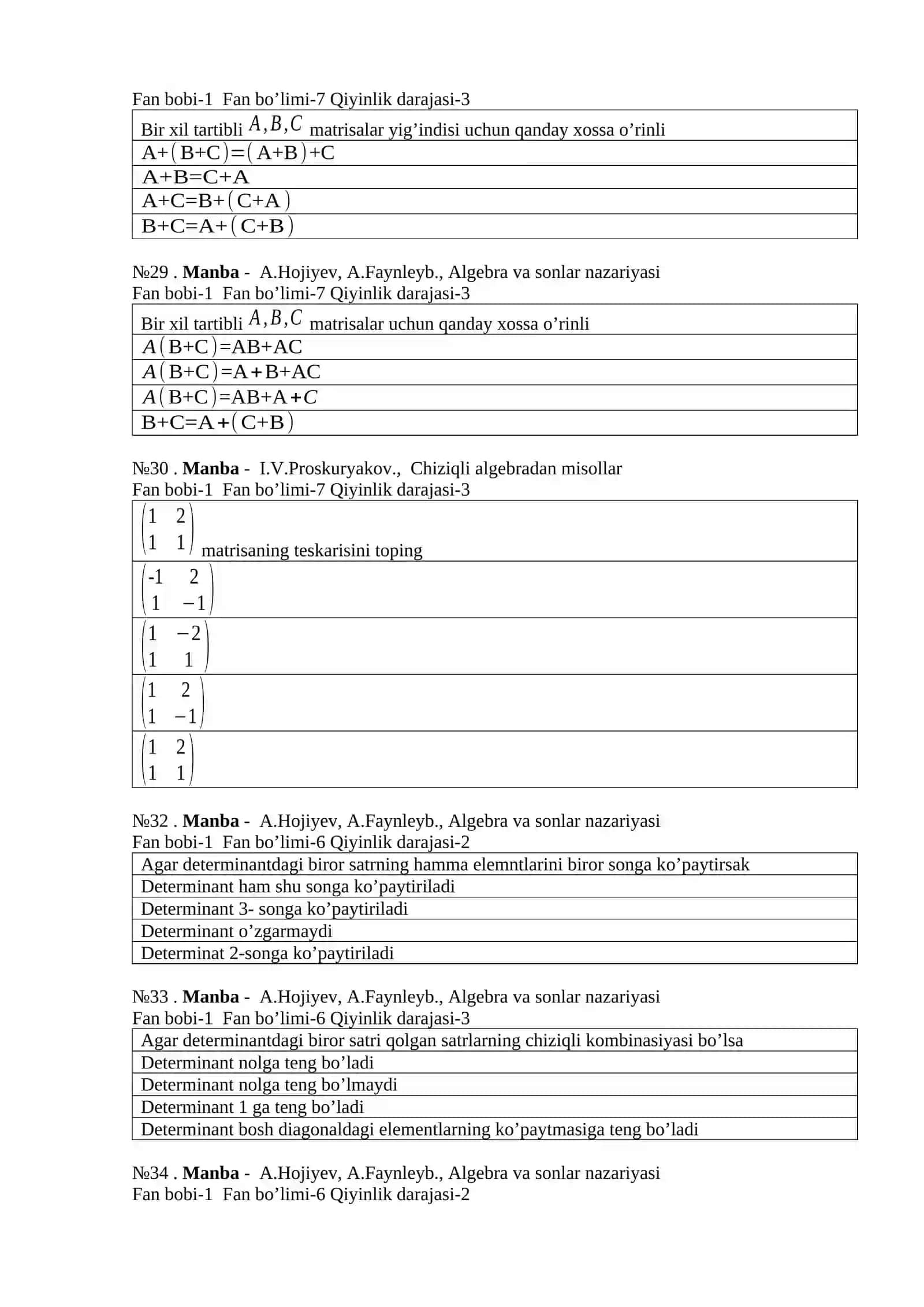 ALGEBRA VA SONLAR NAZARIYASI FANIDANTEST SAVOLLARI 4