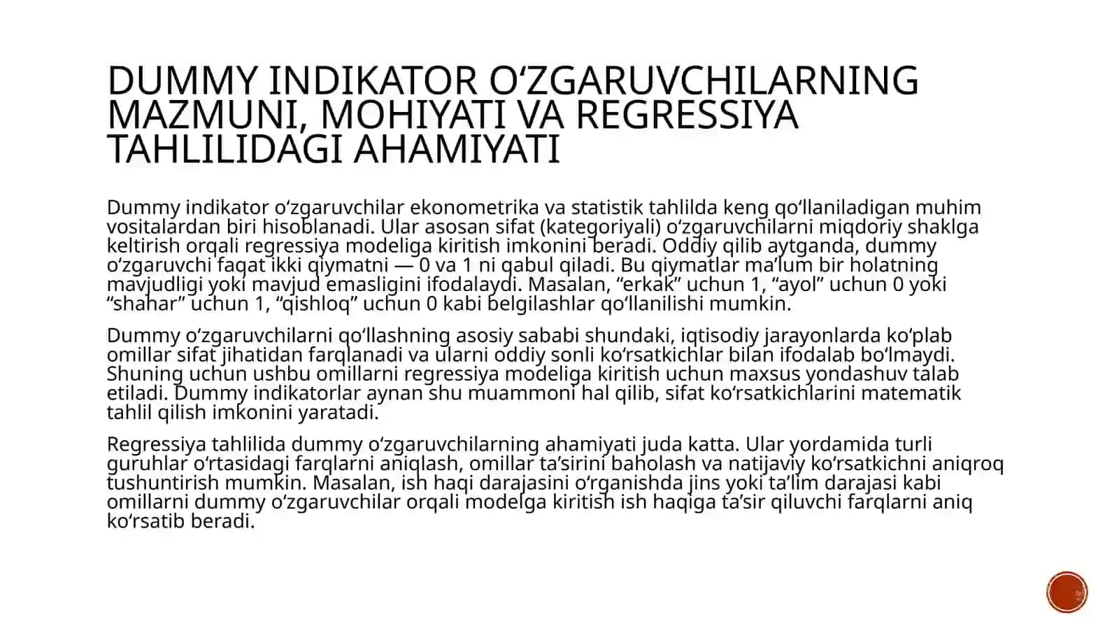 Dummy indikator o‘zgaruvchilarni regressiya modeligа kiritish 4
