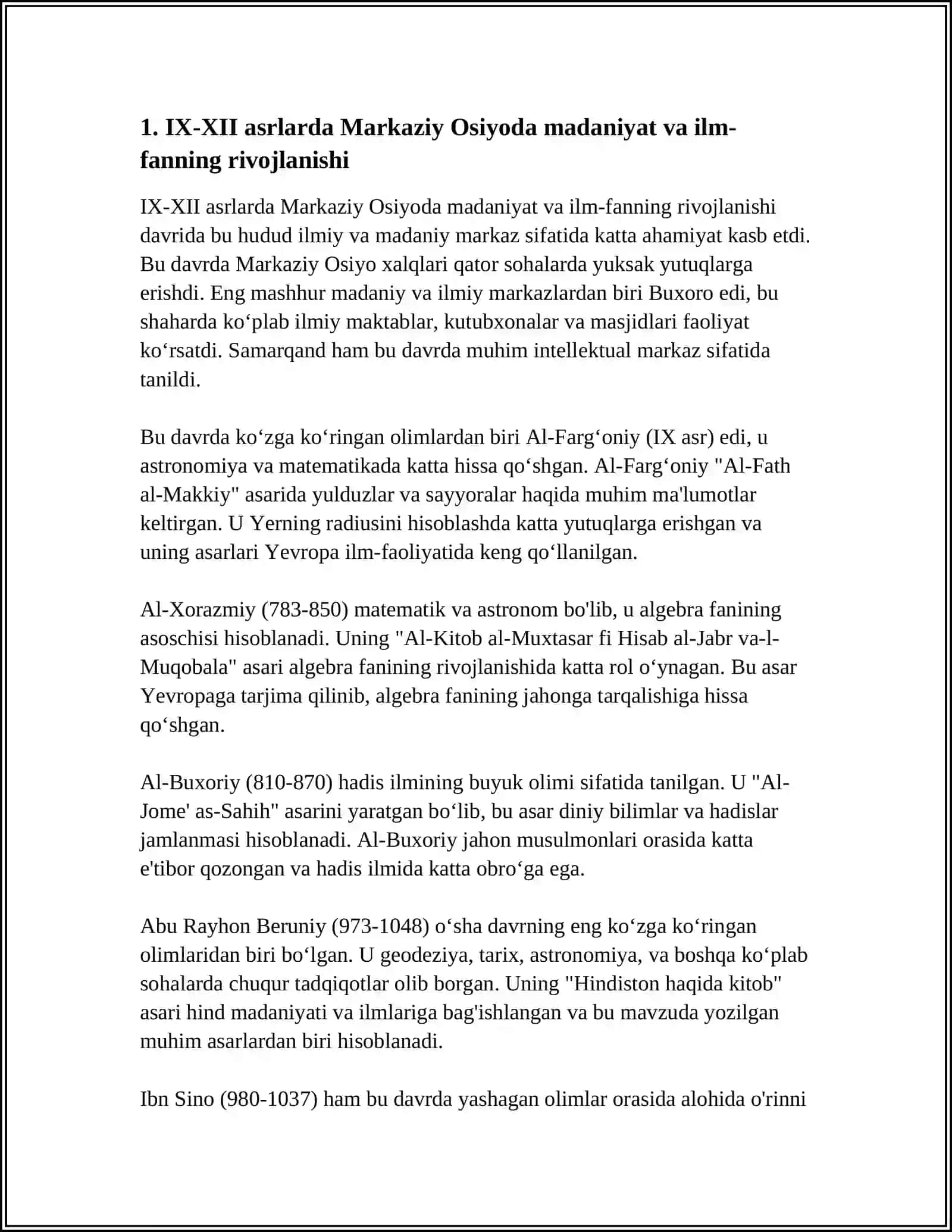 IX-XII ASRLARDA MAMLAKATIMIZ HUDUDIDA RÓY BERGAN MADANIY UYĞONISH(RENESANS). BUYUK ALLOMALARNING JAHON SIVILIZATSIYASIGA QÓSHGAN HISSASI 4