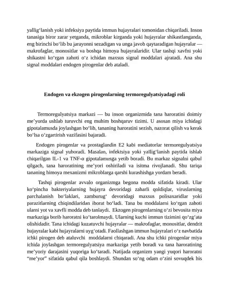 Pirogen moddalarning termoregulyatsiya jarayonidagi ahamiyati 4