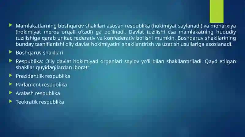 Jahon mamlakatlarining davlat tuzimi va ularni baholash 4