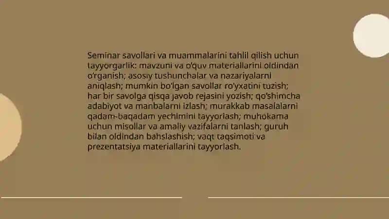 Ma'ruza va seminar mashgʻulotlariga tayyorgarlik koʻrish va uy ishlarini bajarish 4