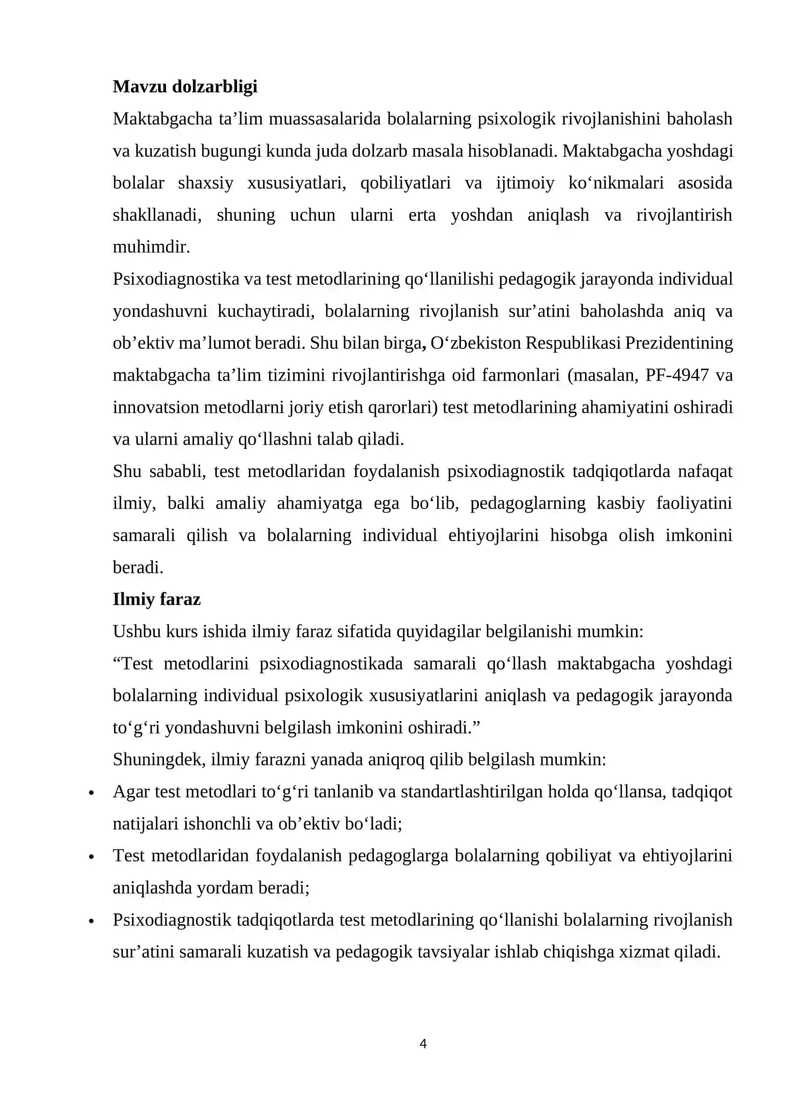Psixodiagnostikani o'tkazishda test metodidan foydalanish kurs ishi 4
