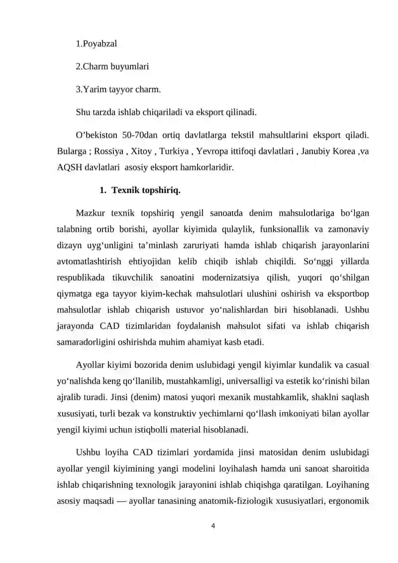 Jinsi matosidan denim  uslubidagi ayollar yengil  kiyimini yangi modelini  loyihalash va texnologik  jarayonini ishlab chiqish 4