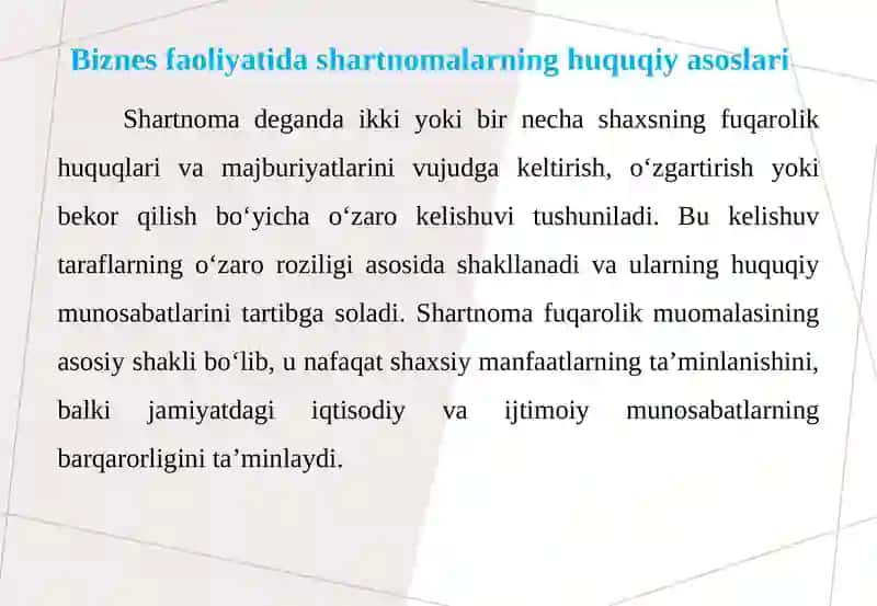 Biznes Faoliyatidagi Shartnoma va Hisob-kitoblar 4