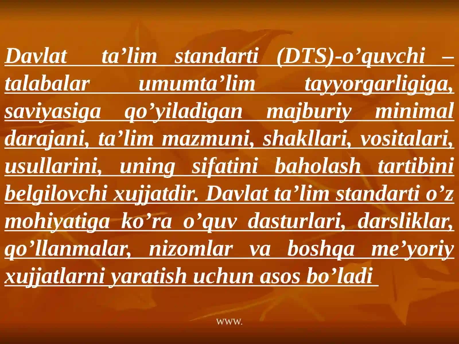 Davlat ta'lim standartlari o’quv reja, o’quv dasturining mohiyati va mazmunida tayyorlagan 4