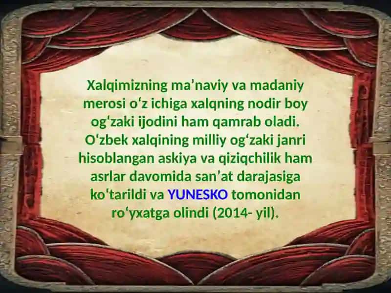 Askiya va qiziqchilik sanʼati boʻyicha taqdimot 4