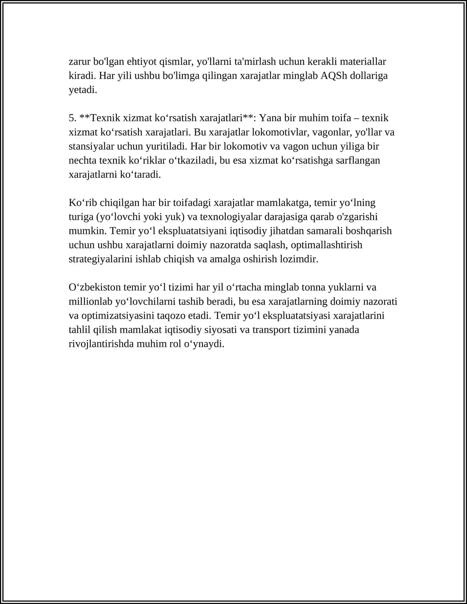 TEMIR YO'L EKSPLUATASON XARAJATLARINI REJALASHTIRISH VA TASHISH TANNARXINI HISOBLASH 4
