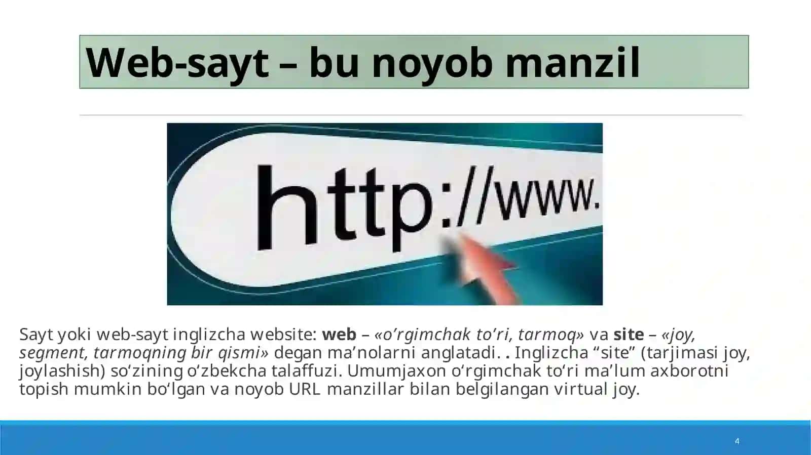 Sayt tushunchasi . Web -sahifalar yaratish va uni tahrirlash 4