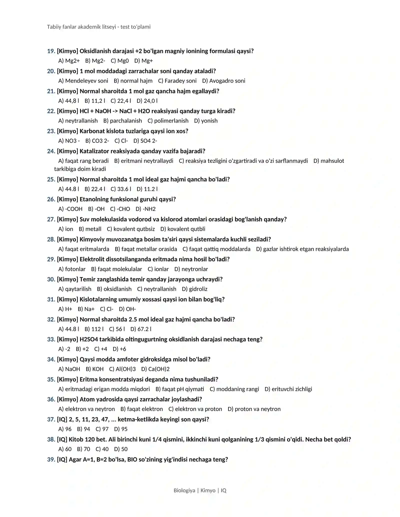 Tabiiy fanlar akademik litseyi - test to'plami 4